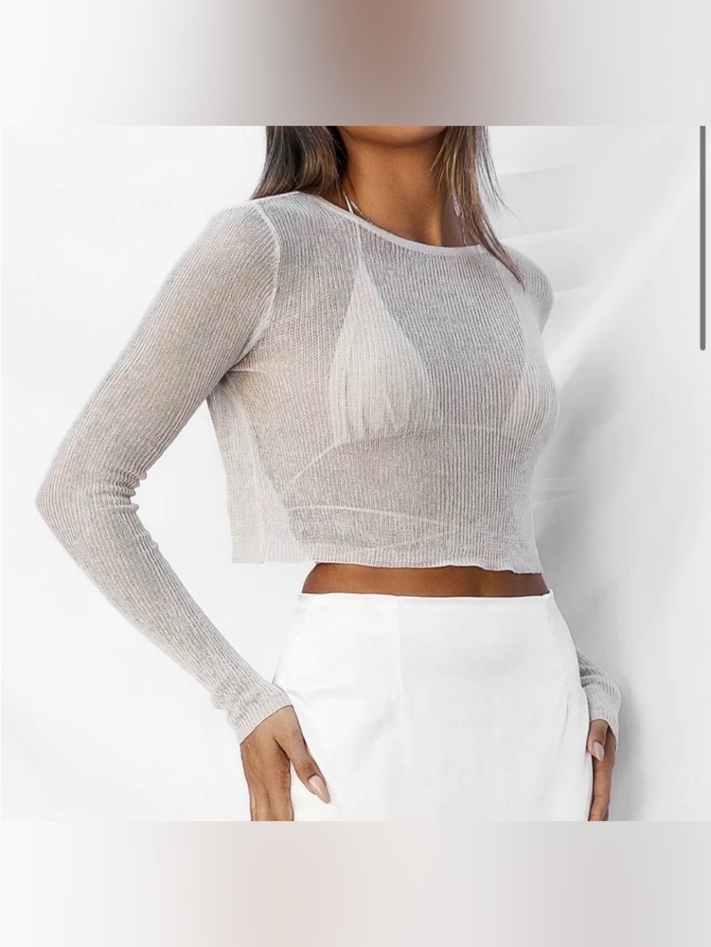 NWT All Things Golden Cropped Knitted Long Sleeve Stone Size Small